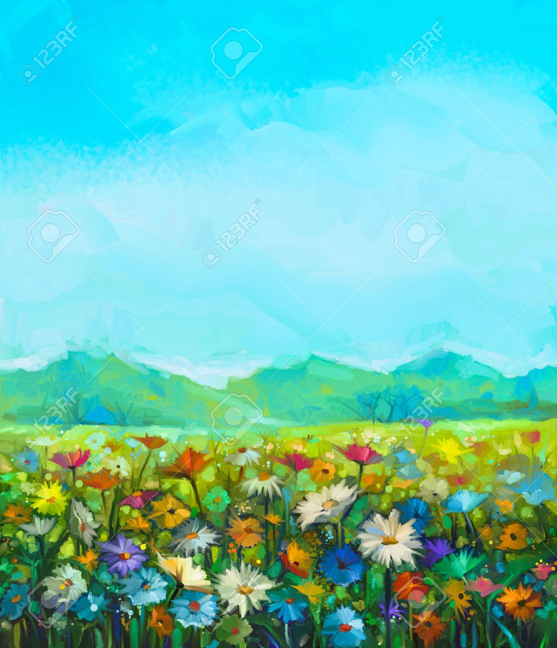 Lgemalde Weiss Rot Gelb Daisy Gerbera Blumen Wildblumen In Den Feldern Wiese Landschaft Mit Wilden Blumen Hugel Und Blauer Himmel Hintergrund Hand Malen Sommer Floral Impressionistart Lizenzfreie Fotos Bilder Und Stock Fotografie