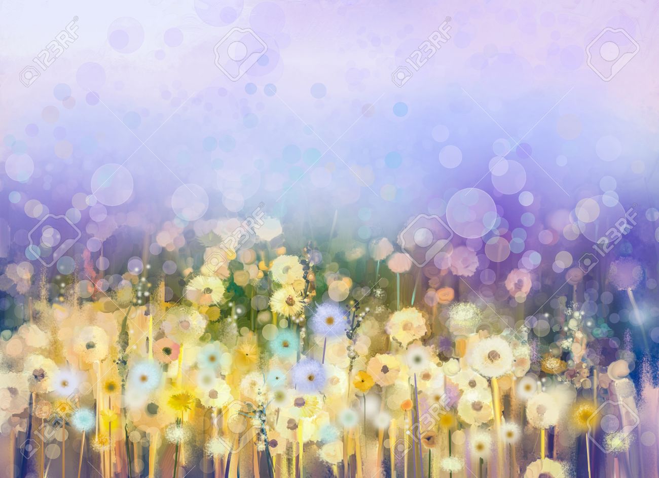 Abstract oil painting flowers plant. Dandelion flower in fields. Meadow landscape with wildflower. Purple,Blue sky color with bokeh. Hand Paint floral Impressionist. Summer-spring nature background. - 61621322 Abstract oil painting flowers plant. Dandelion flower in fields. Meadow landscape with wildflower. Purple,Blue sky color with bokeh. Hand Paint floral Impressionist. Summer-spring nature background. - 61621322