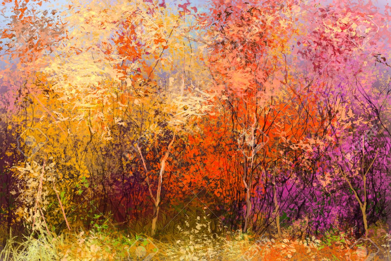 Oil painting landscape - colorful autumn trees. Semi abstract image of forest, trees with yellow - red leaf. Autumn, Fall season nature background. Hand Painted Impressionist style. - 61621413 Oil painting landscape - colorful autumn trees. Semi abstract image of forest, trees with yellow - red leaf. Autumn, Fall season nature background. Hand Painted Impressionist style. - 61621413