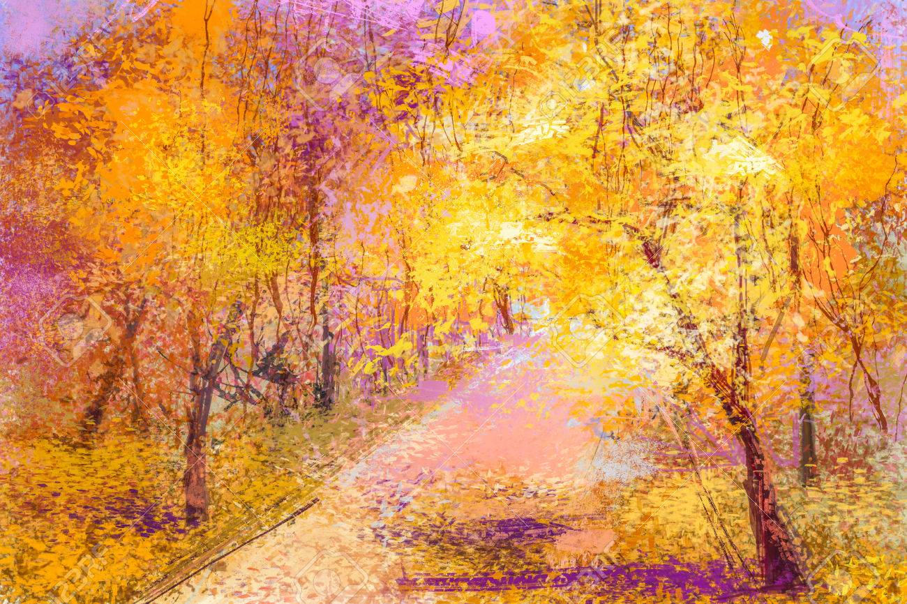 カラフルな落ち葉の風景油絵を抽象化します。黄色、赤の葉が付いている