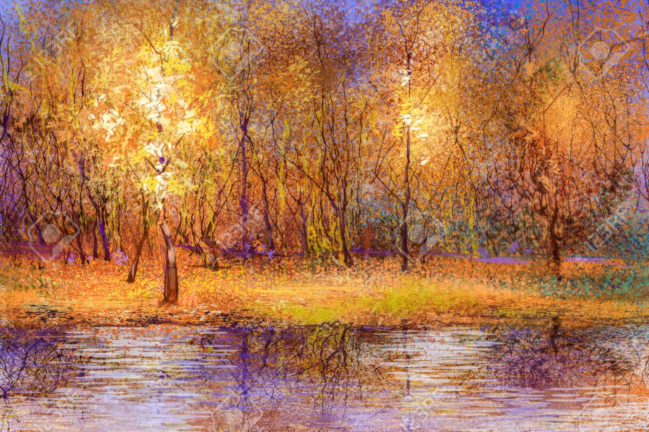 Oil painting landscape - colorful autumn trees. Semi abstract image of forest, trees with yellow - red leaf and lake. Autumn, Fall season nature background. Hand Painted landscape, Impressionist style - 61621415 Oil painting landscape - colorful autumn trees. Semi abstract image of forest, trees with yellow - red leaf and lake. Autumn, Fall season nature background. Hand Painted landscape, Impressionist style - 61621415