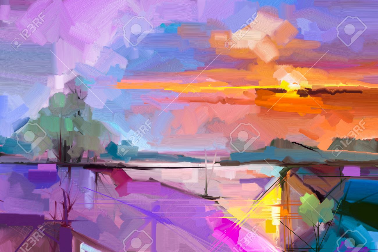 Abstract oil painting landscape background. Colorful yellow and purple sky. oil painting outdoor landscape on canvas. Semi- abstract tree, hill and field, meadow. Sunset landscape nature background - 69728145 Abstract oil painting landscape background. Colorful yellow and purple sky. oil painting outdoor landscape on canvas. Semi- abstract tree, hill and field, meadow. Sunset landscape nature background - 69728145