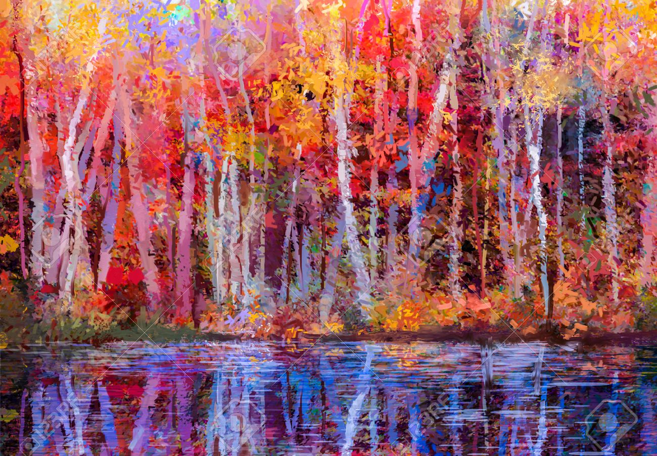 油絵色鮮やかな紅葉。黄色 - 赤葉と湖のポプラの木の森の半抽象
