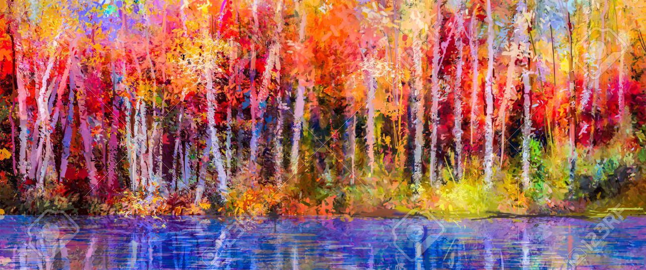 Oil painting colorful autumn trees. Semi abstract image of forest, aspen trees with yellow - red leaf and lake. Autumn, Fall season nature background. Hand Painted Impressionist, outdoor landscape. - 69707155 Oil painting colorful autumn trees. Semi abstract image of forest, aspen trees with yellow - red leaf and lake. Autumn, Fall season nature background. Hand Painted Impressionist, outdoor landscape. - 69707155