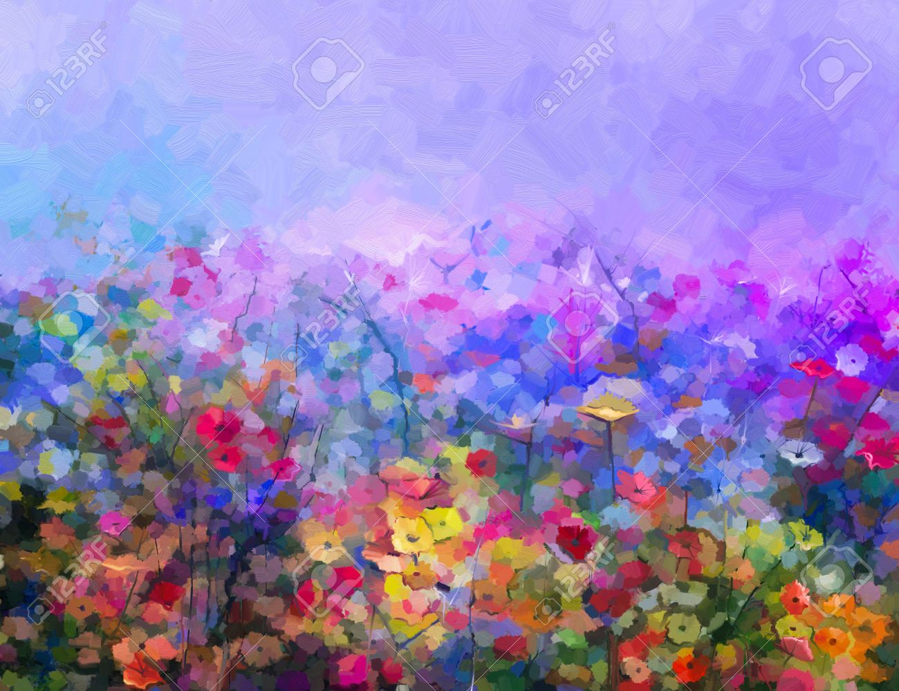 抽象的なカラフルな油絵紫コスモス花 デイジー フィールドでワイルドフラワー 青空と草原で黄色と赤の野草 春 夏の季節 自然の背景 の写真素材 画像素材 Image
