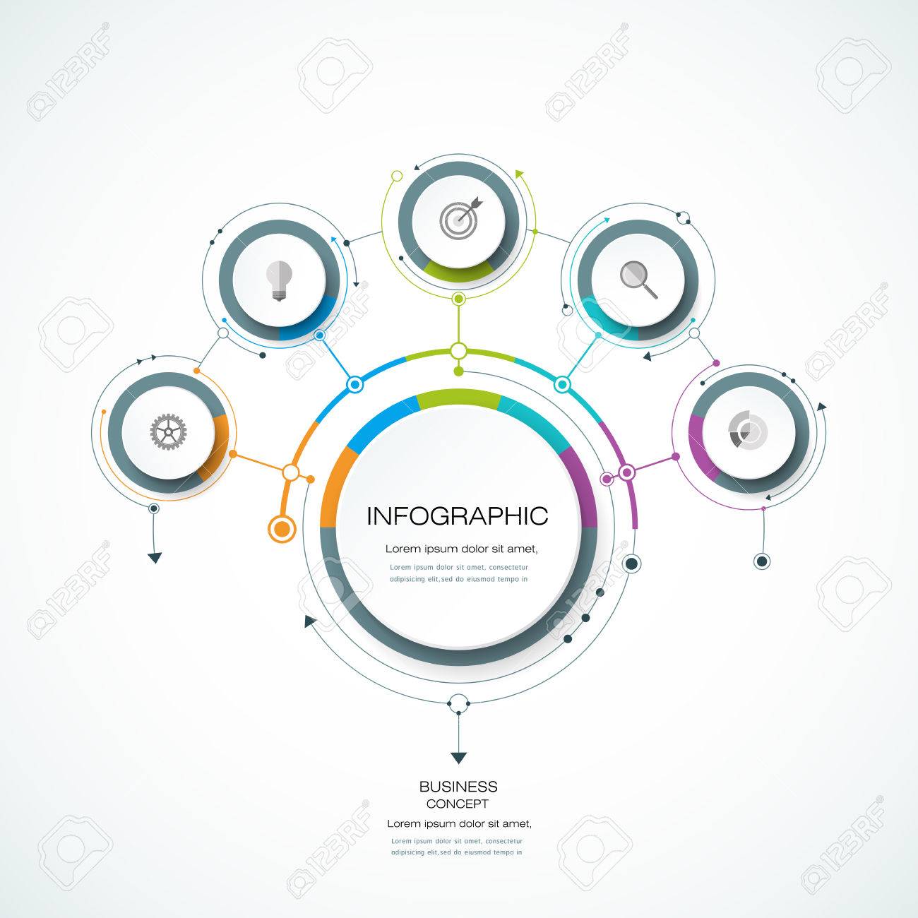 ベクトルの矢印記号のオプションや手順の 5 とインフォ グラフィック 3 D サークル ラベル デザイン テンプレート ビジネス プレゼンテーションや情報のバナー インフォ グラフィック処理図 フロー図 グラフ スキーム のイラスト素材 ベクタ Image