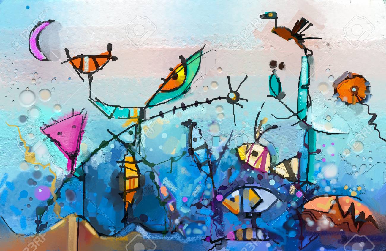 Abstract colorful fantasy oil painting. Semi- abstract of chidren, tree, fish and bird. Spring ,summer season nature background. Hand painted, children painting surreal style for background - 106235246 Abstract colorful fantasy oil painting. Semi- abstract of chidren, tree, fish and bird. Spring ,summer season nature background. Hand painted, children painting surreal style for background - 106235246
