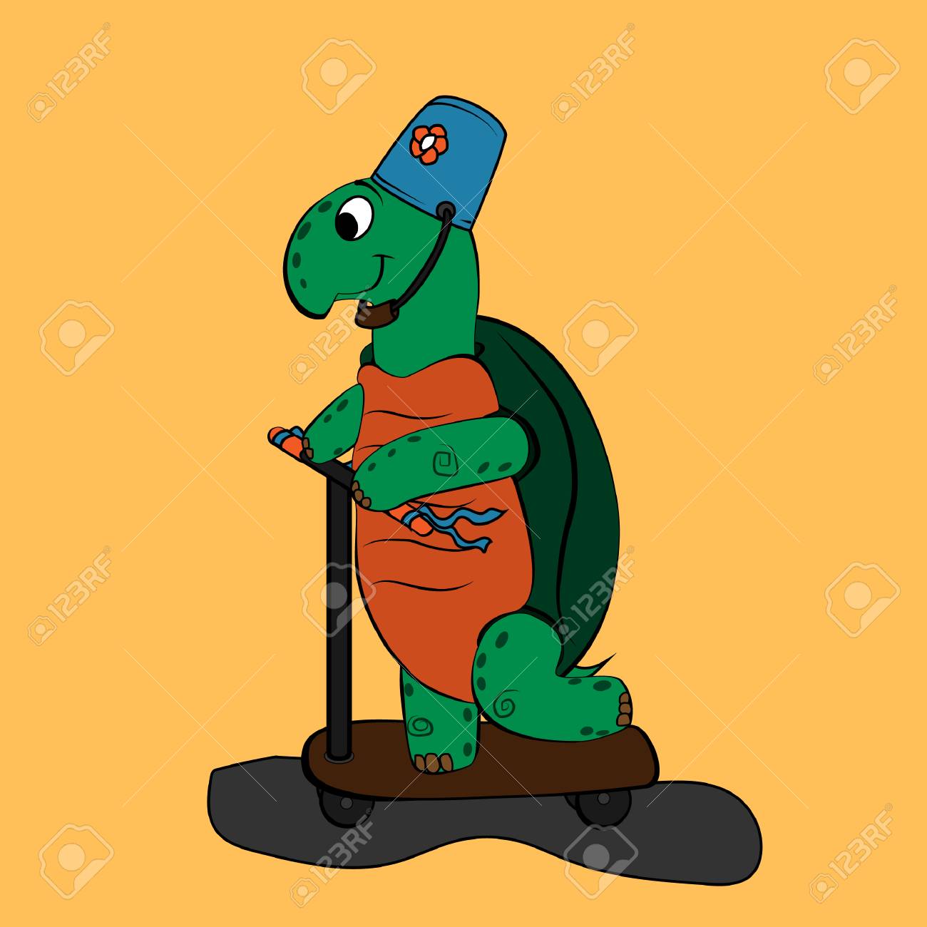 Vector Colorful Illustration In Childish Style Cute Turtle With A Bucket On His Head Rides A Scooter Looking Friendly Smiling Royalty Free Svg Cliparts Vectors And Stock Illustration Image