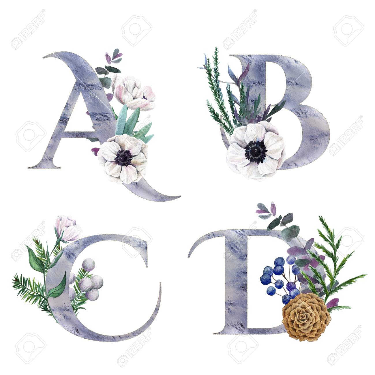 A,B, C,D. Decorative floral alphabet with silver letters and watercolor botanical decoration. - 116214045 A,B, C,D. Decorative floral alphabet with silver letters and watercolor botanical decoration. - 116214045