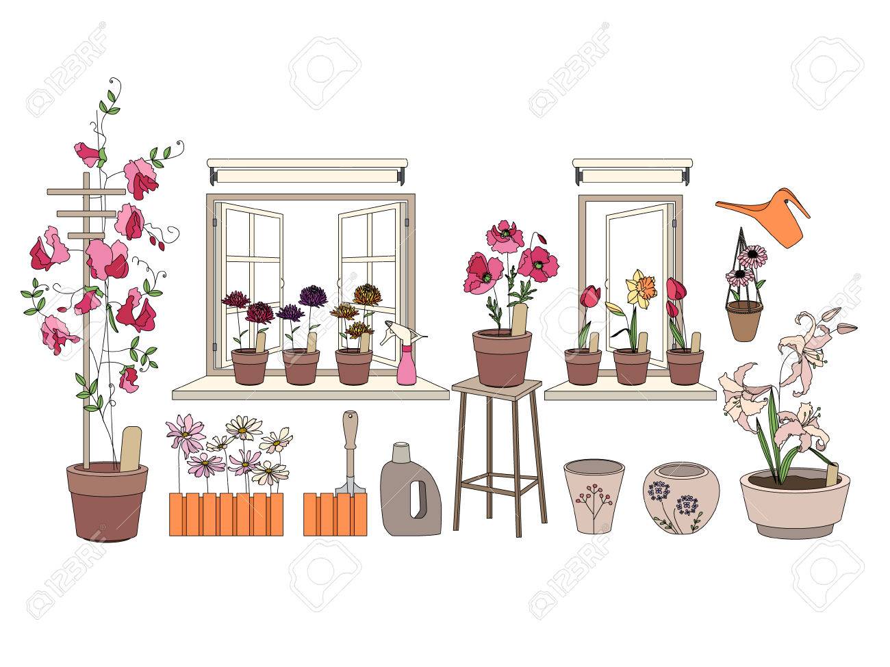 野菜とハーブの植木鉢 ガーデニング ツールです 窓枠やバルコニーの植物 のイラスト素材 ベクタ Image