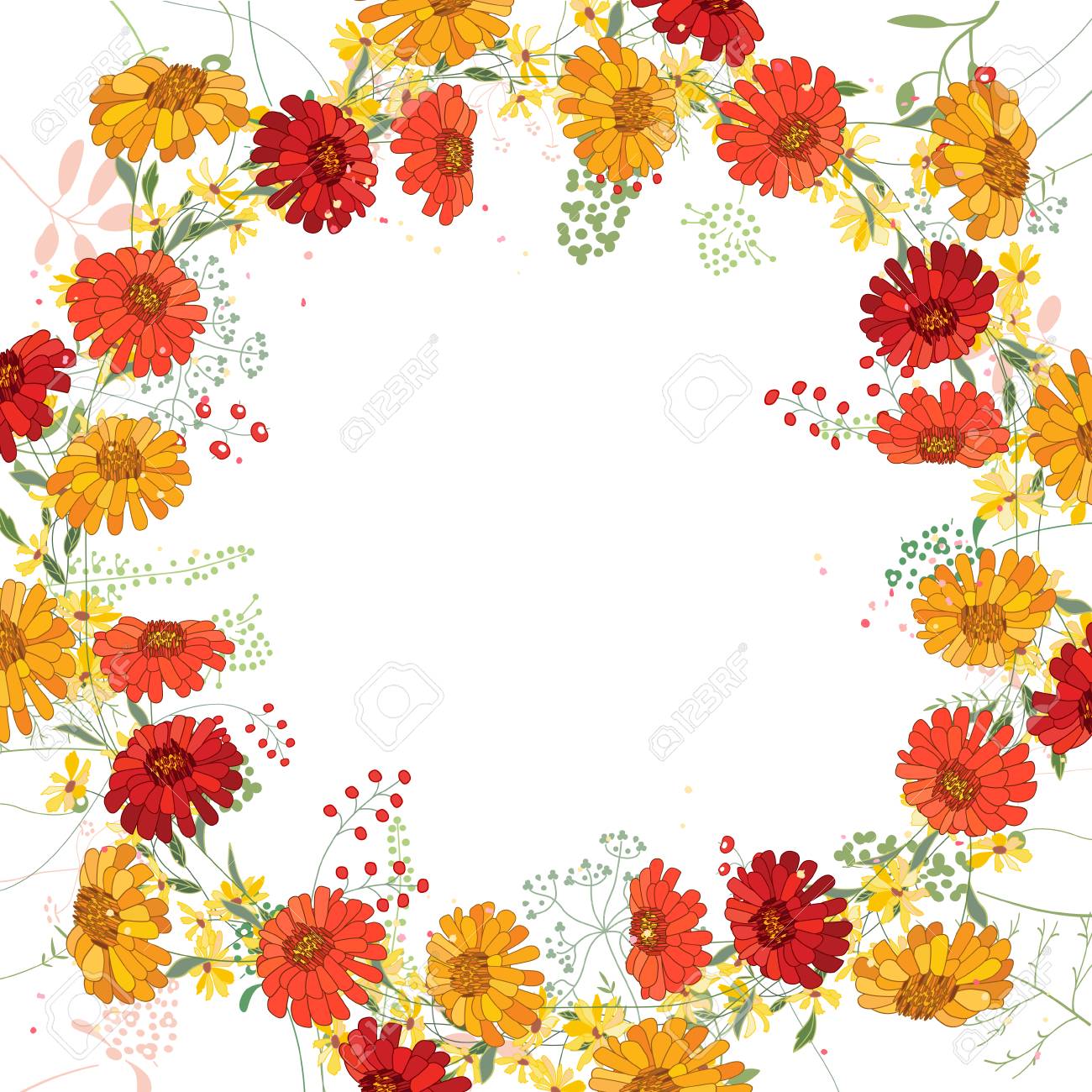 輪郭アスター Herberas 白ハーブ入り正方形のフレーム 夏デザイン 花のグリーティング カード ポスターの花柄 のイラスト素材 ベクタ Image