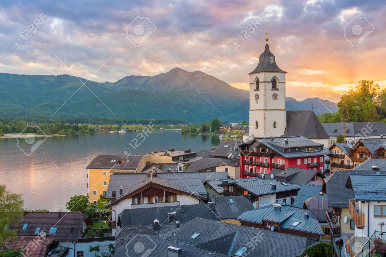 View from the hotel at St. Wolfgang Lake in beautiful Sunset summer time, Austria - 115023961 View from the hotel at St. Wolfgang Lake in beautiful Sunset summer time, Austria - 115023961