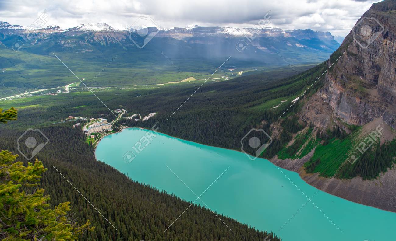 View from the top of the mountain of hotel with turquoise color at Lake Louise in Alberta, Canada - 115023898 View from the top of the mountain of hotel with turquoise color at Lake Louise in Alberta, Canada - 115023898