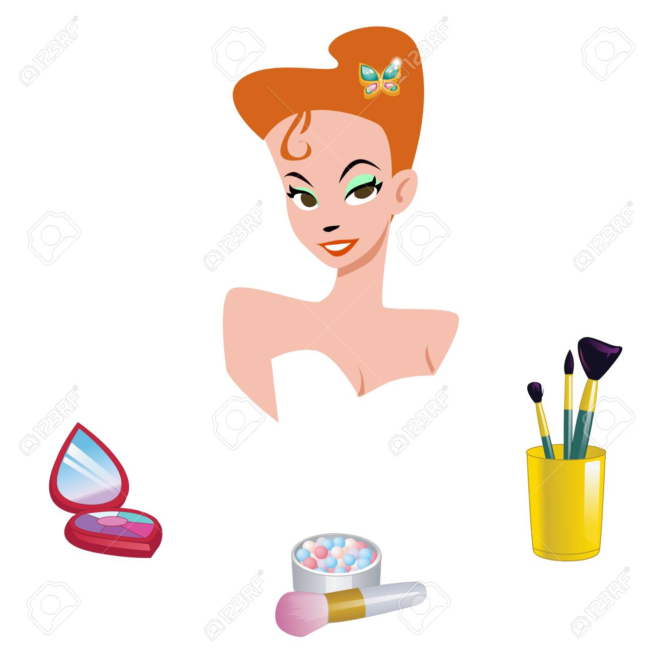 Portrait of a cartoon girl surrounded by makeup items.