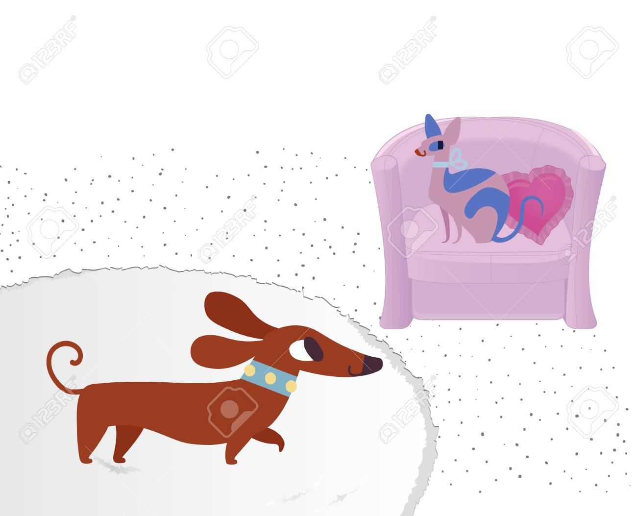 猫と犬の文字 ブル テリアとスフィンクス ベクトル フラット漫画イラスト 白で隔離 のイラスト素材 ベクタ Image