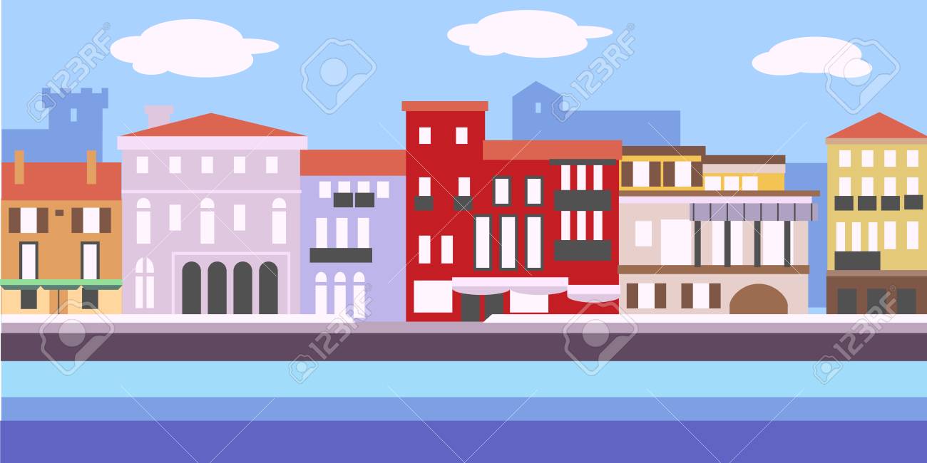 シンプルなスタイルでヨーロッパの街並みのイラスト 伝統的な風景 古いヨーロッパ スタイルの住宅 のイラスト素材 ベクタ Image