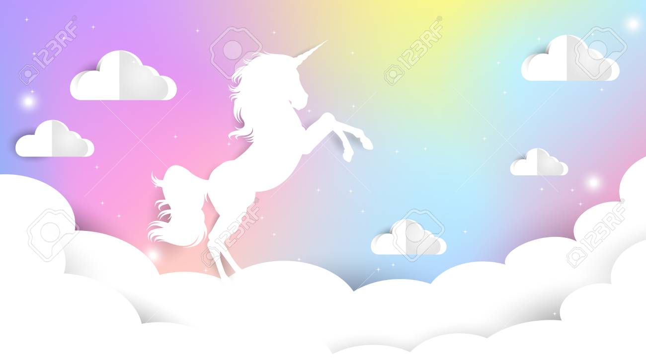 Unicorn Paper Cut On Pastel Sky Unicorn Gradient Background