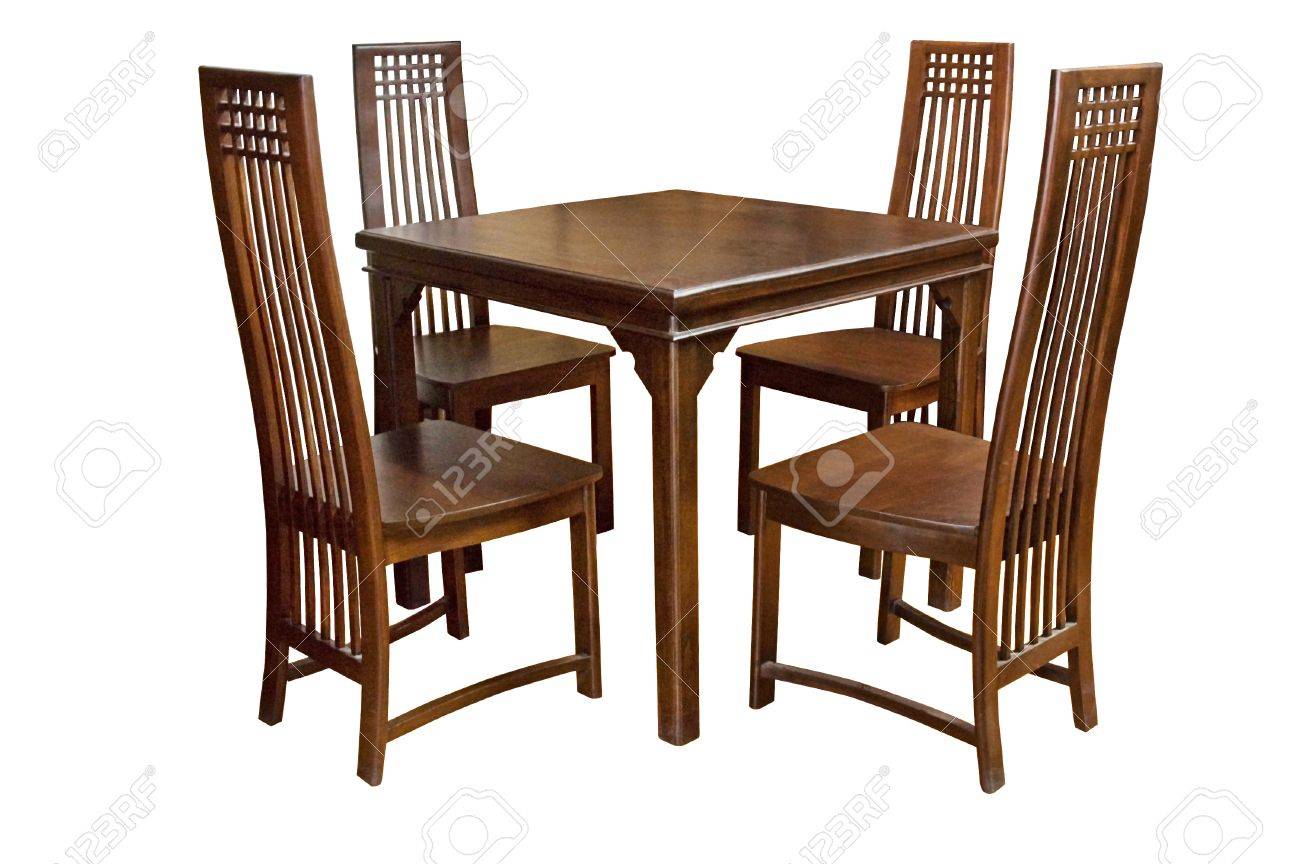 Eettafel En Stoelen Op Witte Achtergrond Wordt Geïsoleerd Houten Die Eettafel En Stoelen Op Witte Achtergrond Wordt