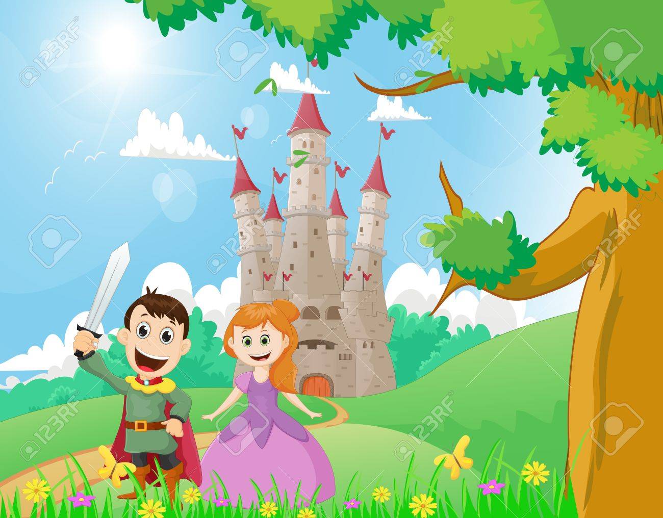 Prince Et Princesse De Dessin Animé Heureux Avec Un Fond De Château