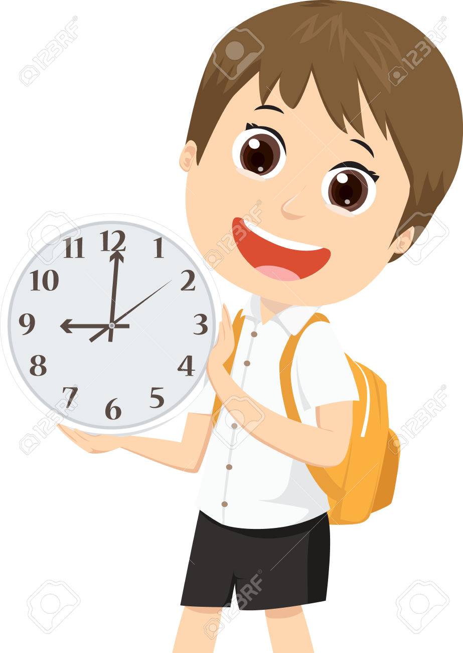 Cute School Boy With Backpack Showing Clock Royalty Free Cliparts