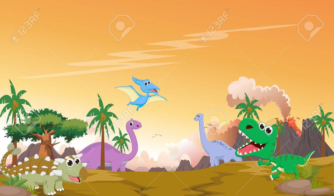 Cute Dinosaurs Cartoon With Prehistoric Landscape Royalty Free Cliparts Vectors And Stock Illustration Image 87109968