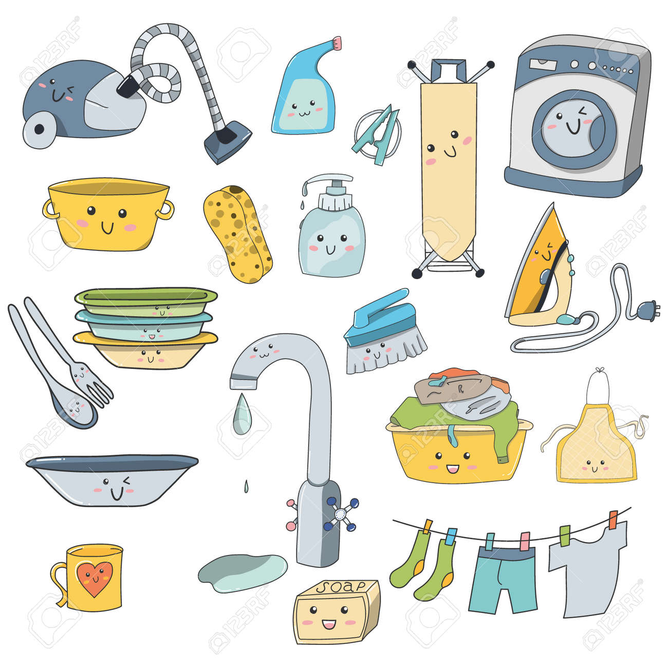 Doodle Cartoon House Cleaning Kit. Cute Smiles And Kawaii Household Items.  Vector Illustration Royalty Free SVG, Cliparts, Vectors, and Stock  Illustration. Image 186285094., image size:1300x1300