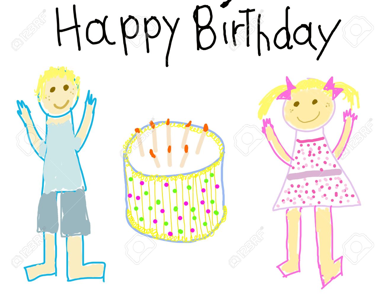 child like drawing of a boy girl with happy birthday stock photo