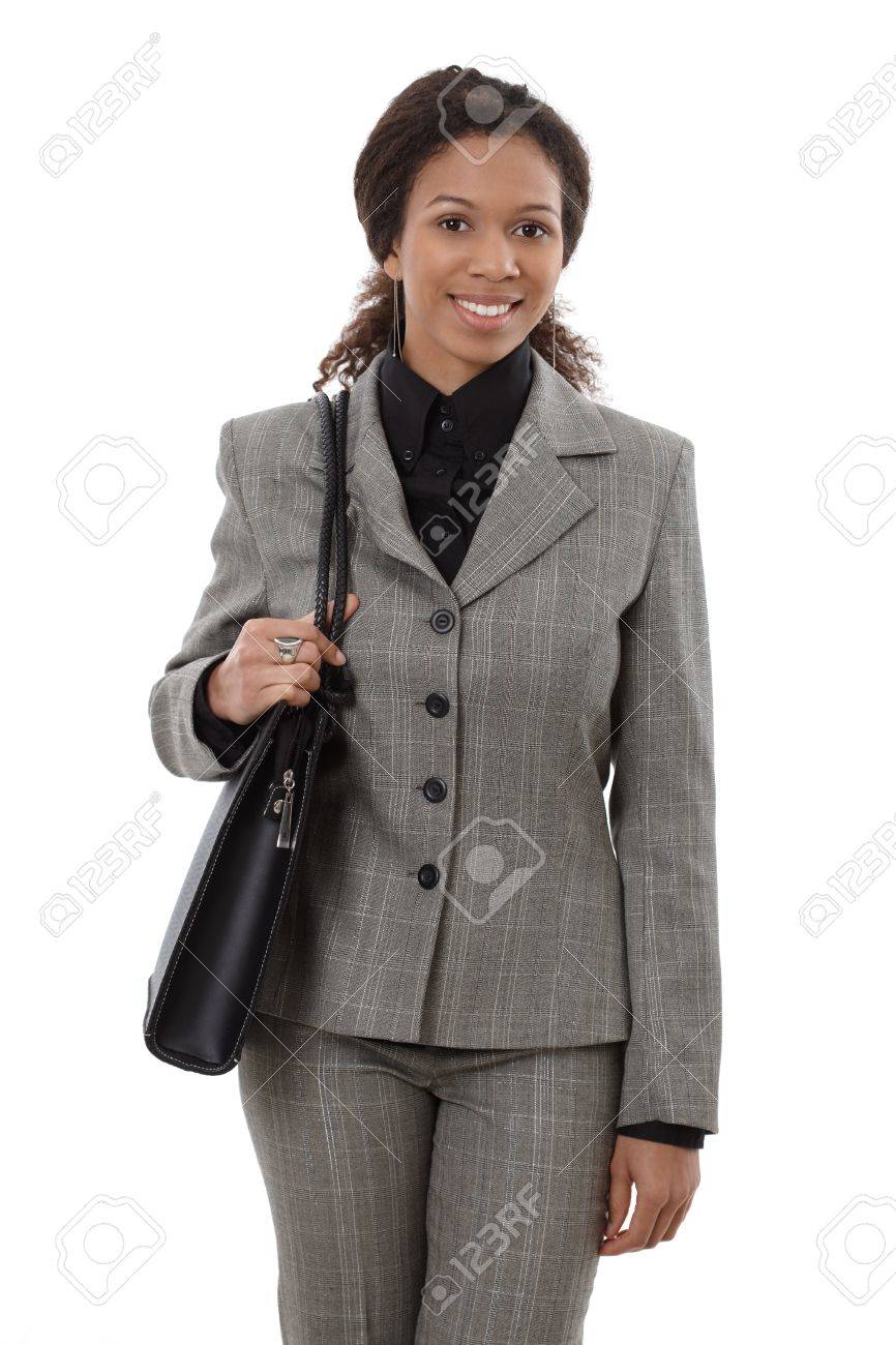 Happy Businesswoman Holding Shoulder Bag, Smiling. Stock Photo ... Happy Businesswoman Holding Shoulder Bag, Smiling. Stock Photo ...