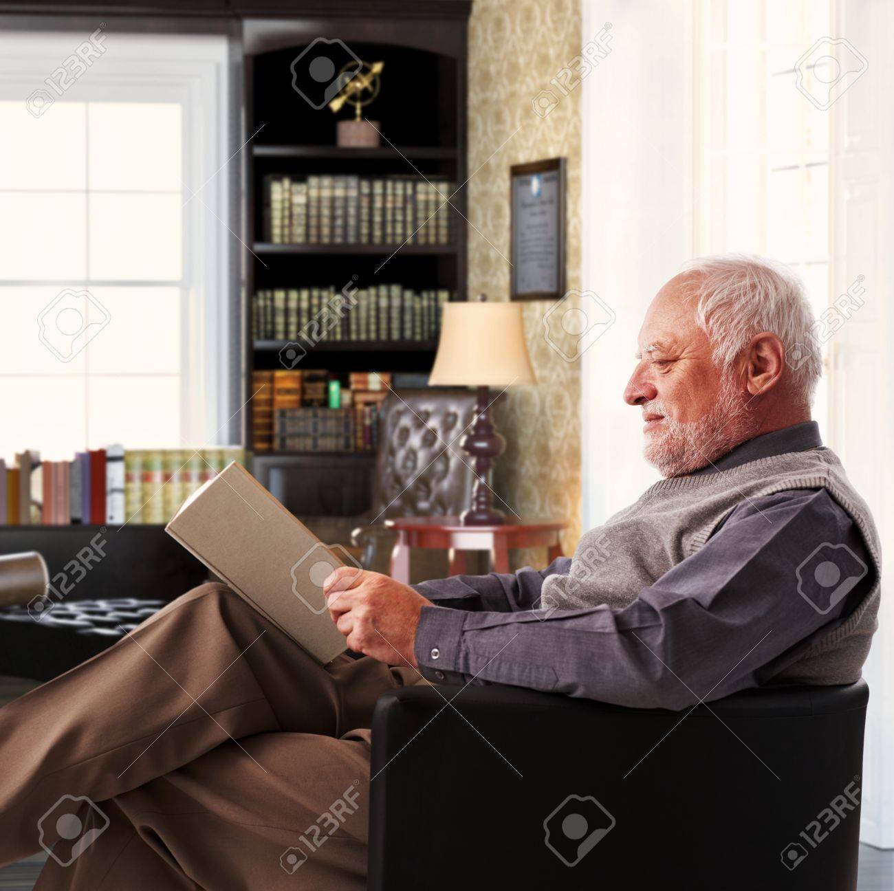 Elderly Man Sitting In Armchair Reading Book At Study At Home Stock Photo Picture And Royalty Free Image Image 23732835