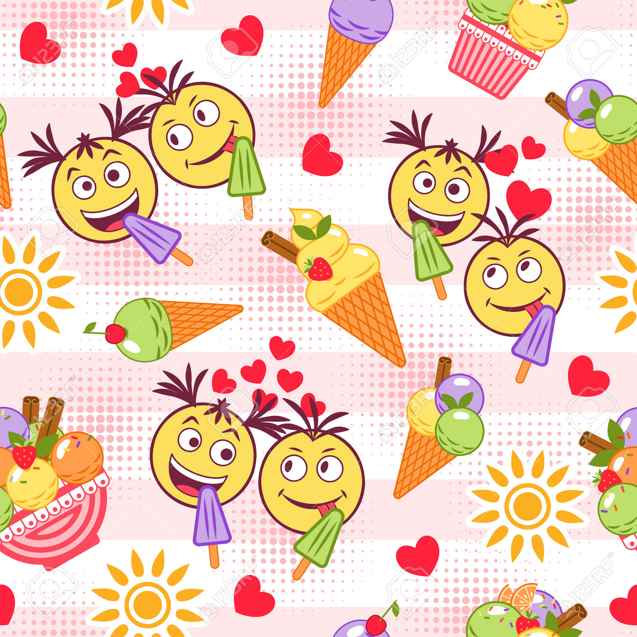 Funny Colorful Pattern With Ice Cream, Crazy Emoji Love Couple, Sun Icon,  Halftone Shapes, Hearts. Simple Minimal Style. For Prints, Clothing, T  Shirt Design Клипарты, SVG, векторы, и Набор Иллюстраций Без Оплаты