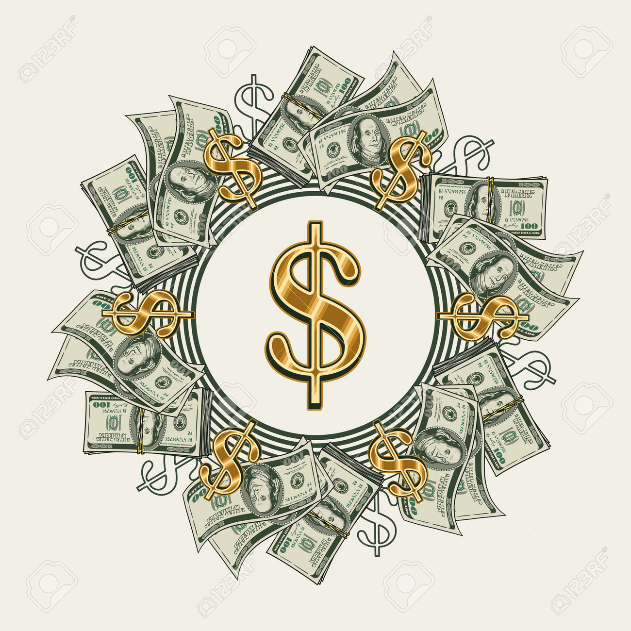 Circular Money Frame With US Dollar Bills, Gold Dollar Sign, Copy Space.  Logo, Emblem, Badge For Advertisement, Sale, Offer, Discount, Winner Award,  Congratulations 免版稅剪貼畫，向量插圖和庫存圖片. Image 198774306