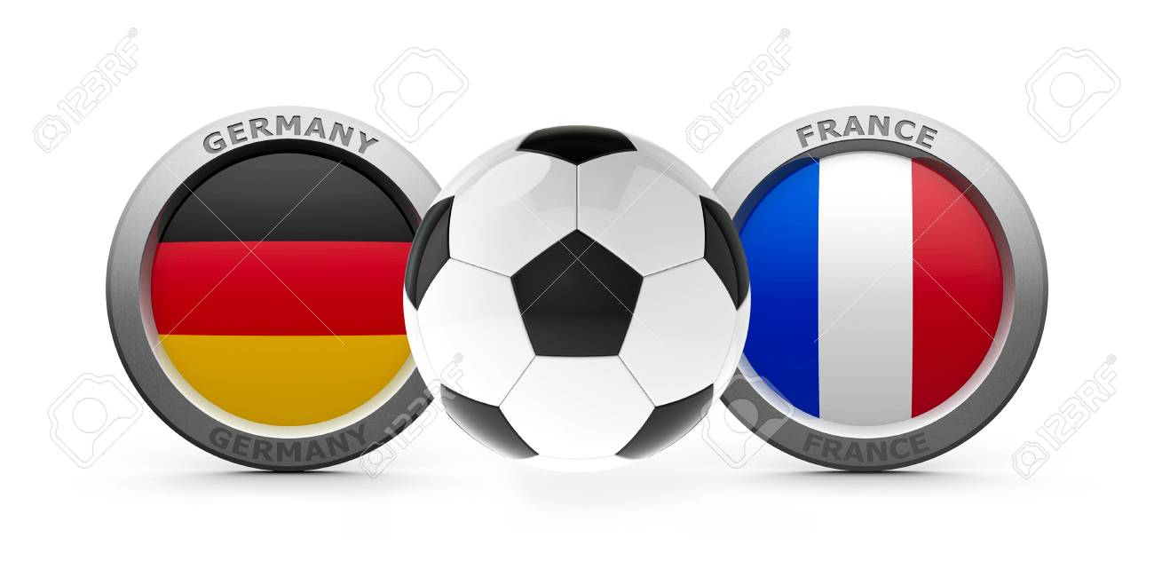 エンブレム ドイツとフランス フットボール 白で隔離とのフラグを表す準決勝ユーロ 16年 三次元レンダリング 3 D イラスト の写真素材 画像素材 Image
