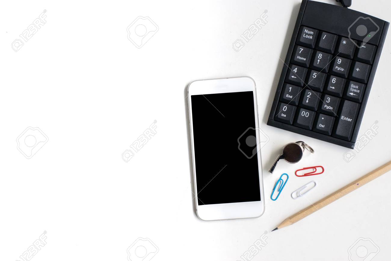 Smartphone With Pencil And Calculator On White Background Using Stock Photo Picture And Royalty Free Image Image 82819232
