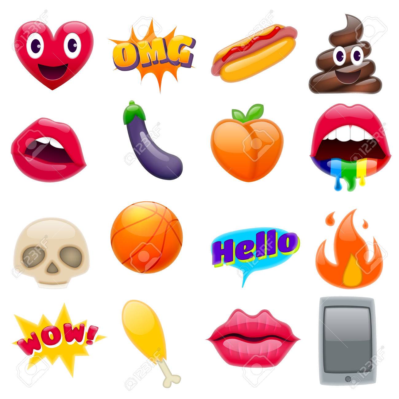 Set of Fantastic Smile Emoticons, Emoji Design Set. Bright Icons of Lips. Fire, Hello Expression, Cellphone, Eggplant, Peach, Hot Dog, Chicken Leg, Skulls. Stickers and Patches - 75401573 Set of Fantastic Smile Emoticons, Emoji Design Set. Bright Icons of Lips. Fire, Hello Expression, Cellphone, Eggplant, Peach, Hot Dog, Chicken Leg, Skulls. Stickers and Patches - 75401573