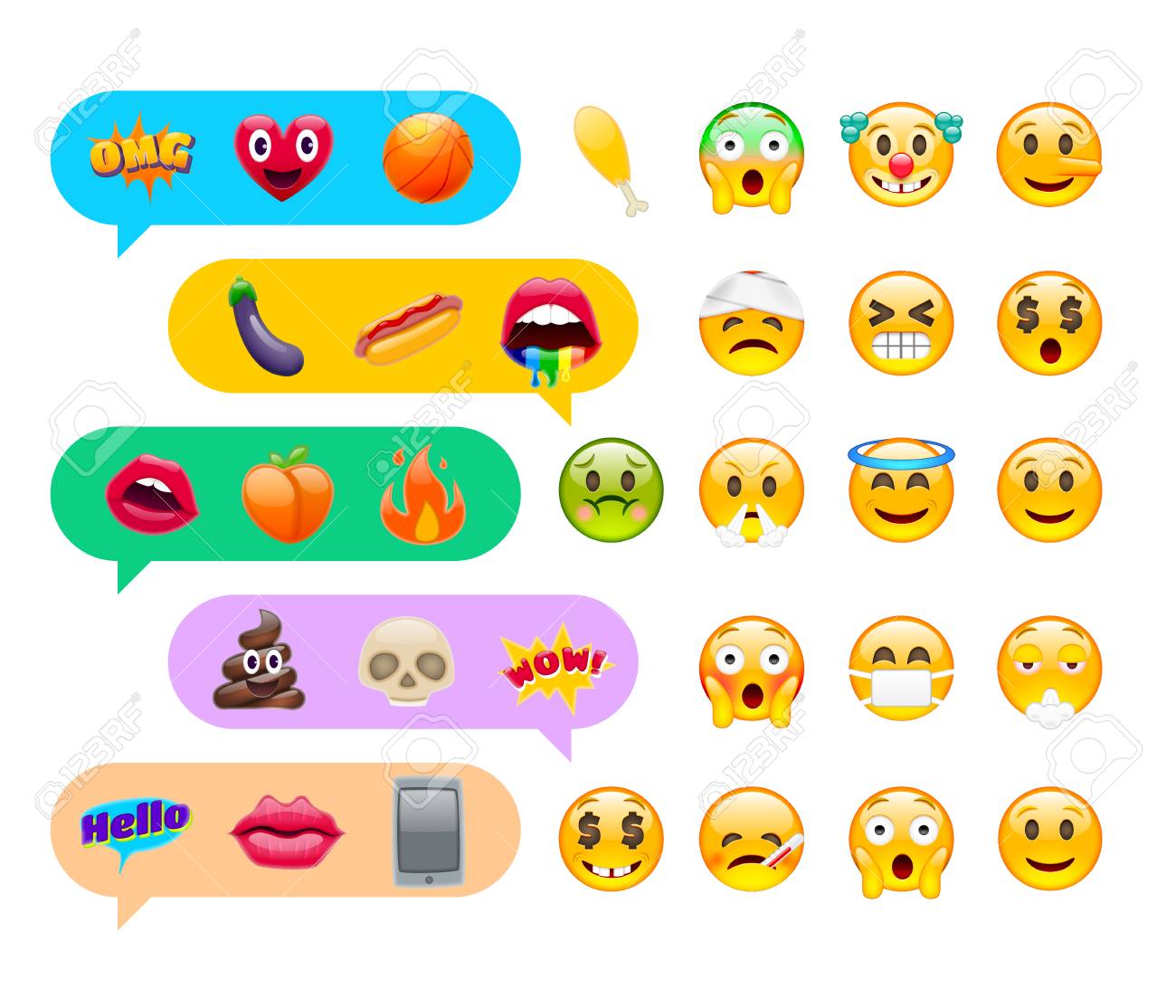 Abstract Cute Funny Emoji Emoticon Icon Set With Chat Messages ...