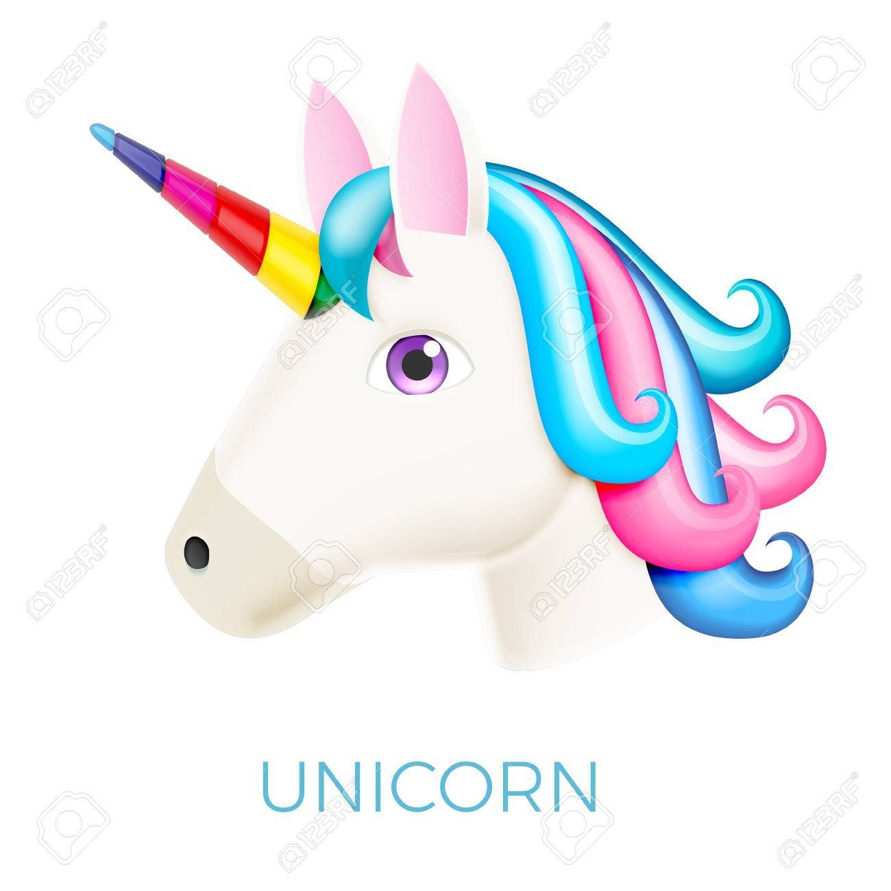 ユニコーン現実的なベクトルのアイコンが白で隔離 頭の肖像画馬ステッカー パッチ バッジ 絵文字 かわいい魔法漫画ファンタジーかわいい動物 虹髪 夢のシンボル 子供のためのデザイン のイラスト素材 ベクタ Image