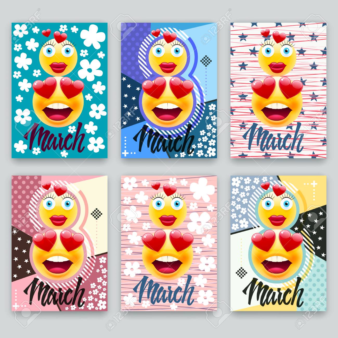 国際女性デーのための現代の抽象的なカバー 3月8日クールな絵文字と花の形の組成物 未来的な鮮やかなデザインセット トレンディなデザインレイアウト のイラスト素材 ベクタ Image