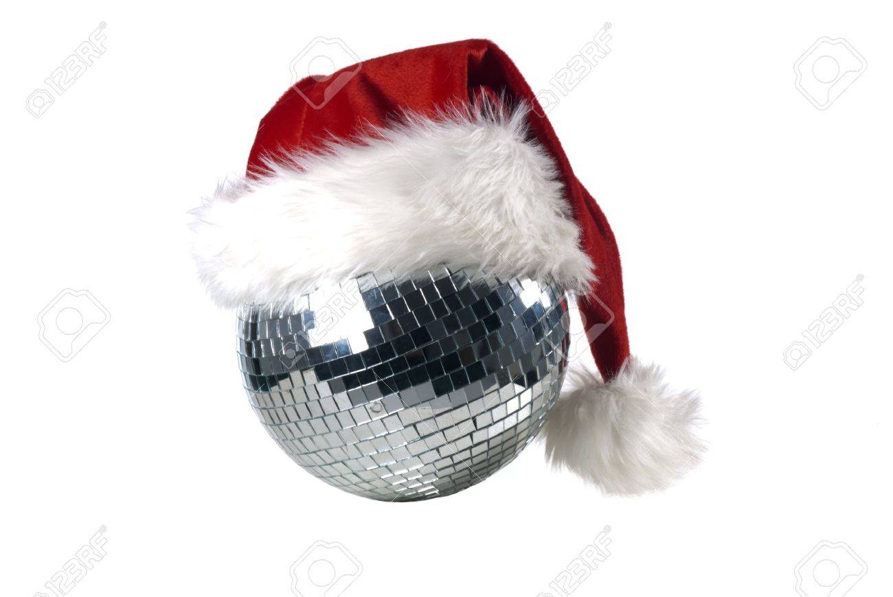 shiny disco ball with christmas hat stock photo picture and royalty