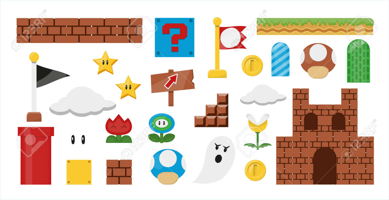 スーパーマリオでフラット誕生日の招待状をベクトルします。漫画風の背景テンプレート。ゲームの要素とイラストのイラスト素材・ベクター Image  179676072