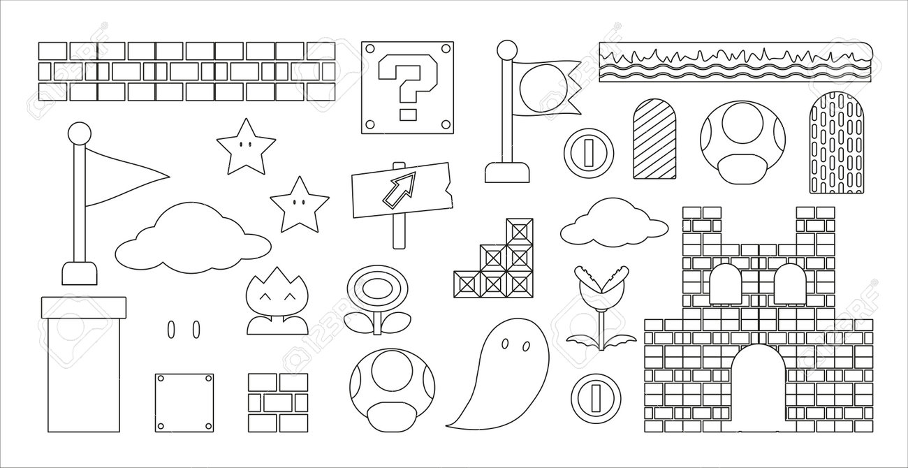 スーパーマリオでフラット誕生日の招待状をベクトルします。落書きスタイルの背景テンプレート。ゲームの要素とイラストのイラスト素材・ベクター Image  180670115