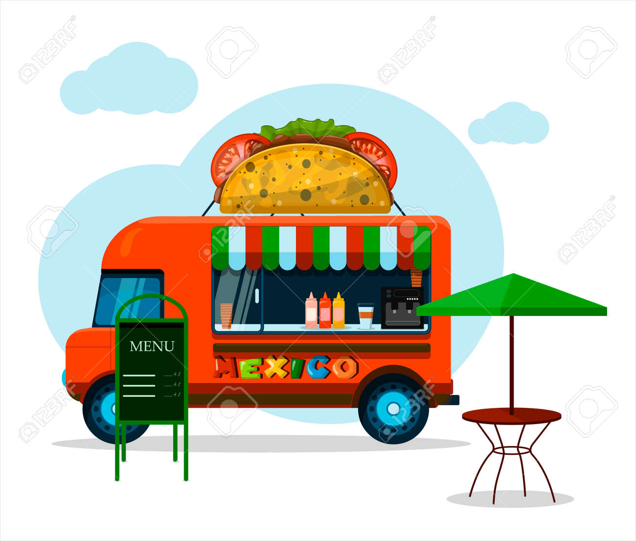 Vector Street Truck With Mexican Food. Flat Cartoon Illustration Of Van  Selling Taco, Nachos At Fairs, Street, Park, Festival. Outdoors Stall With  Fast Food In City. Ethnic Menu For Cinco De Mayo, image size:1300x1106
