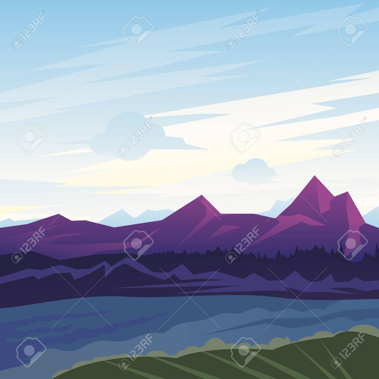 谷 自然の背景に霧の朝山中の風景イラスト のイラスト素材 ベクタ Image