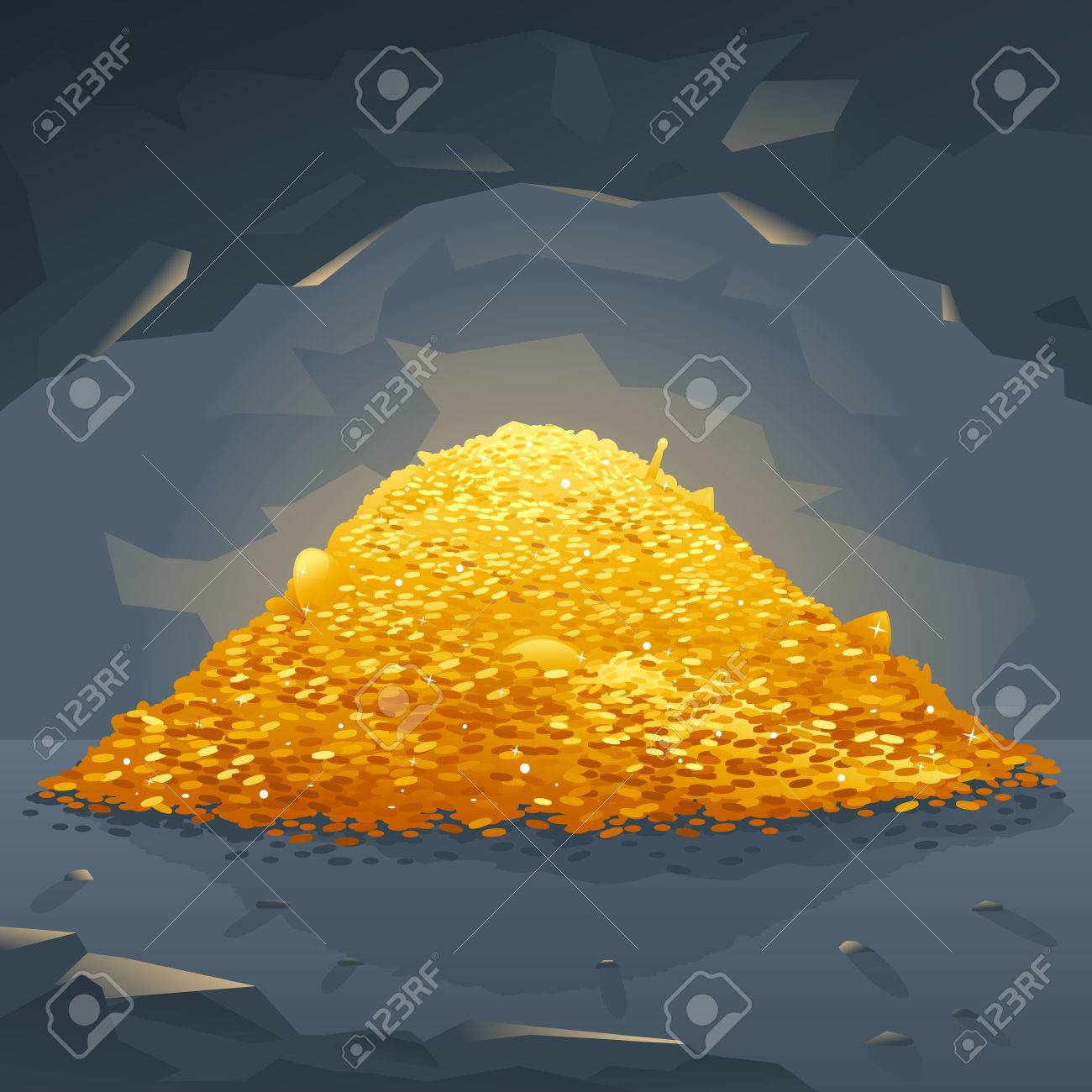 ゴールドの大きな明るい山コイン、暗い洞窟で富の概念図、洞窟の奥深くに隠された宝物のイラスト素材・ベクター Image 81965845