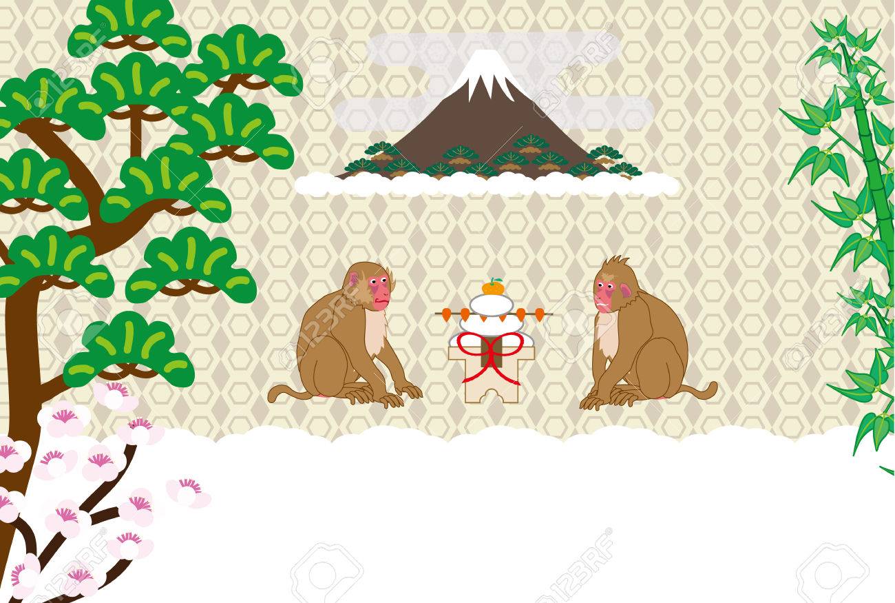 富士山と知久年賀はがきで二匹の猿します の写真素材 画像素材 Image