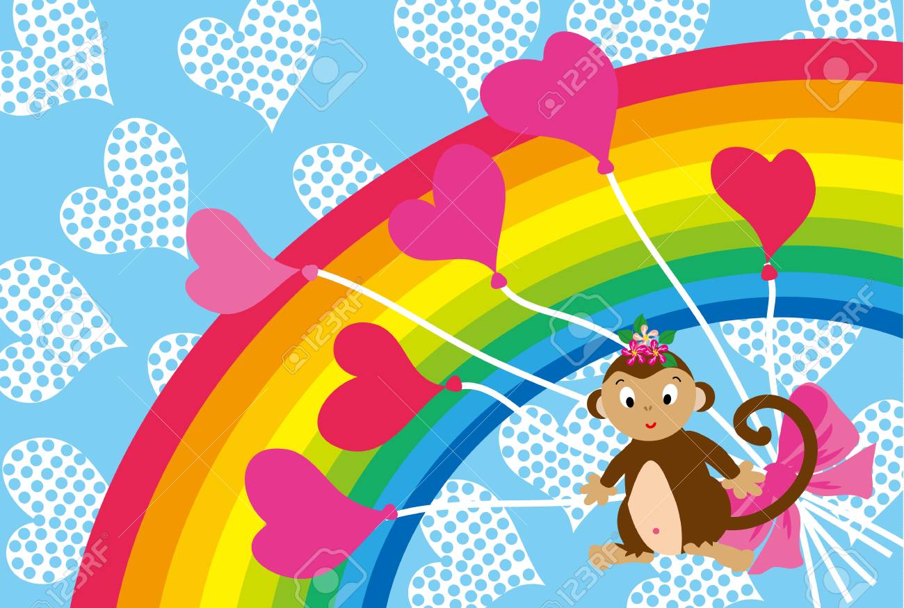 かわいいサルと風船と虹ポストカード の写真素材 画像素材 Image