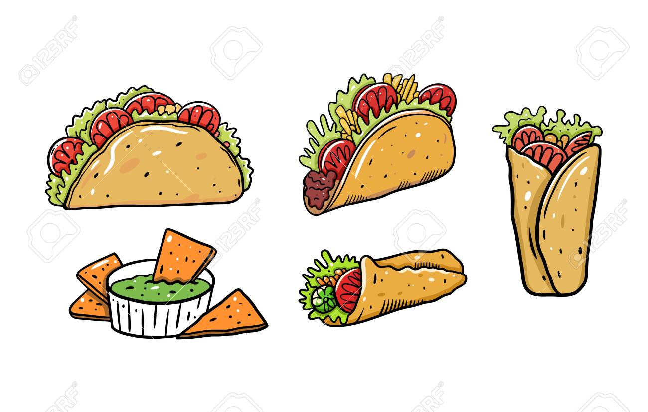 Mexican Food Set. Burrito, Taco And Nachos. Cartoon Vector Illustration.  Isolated On White Background. Royalty Free SVG, Cliparts, Vectors, and  Stock Illustration. Image 150611155., image size:1300x827