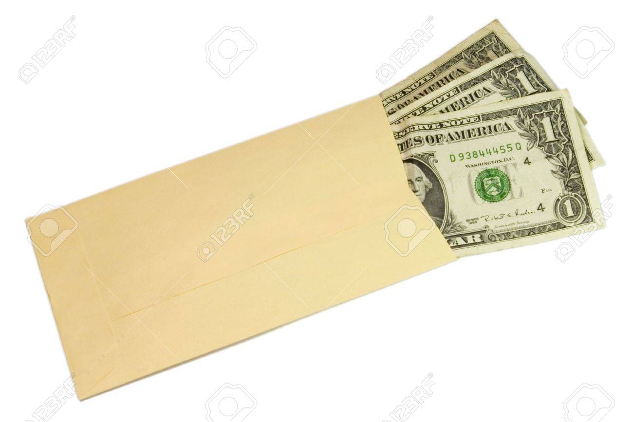 three dollars bills in yellow envelope over white stock photo