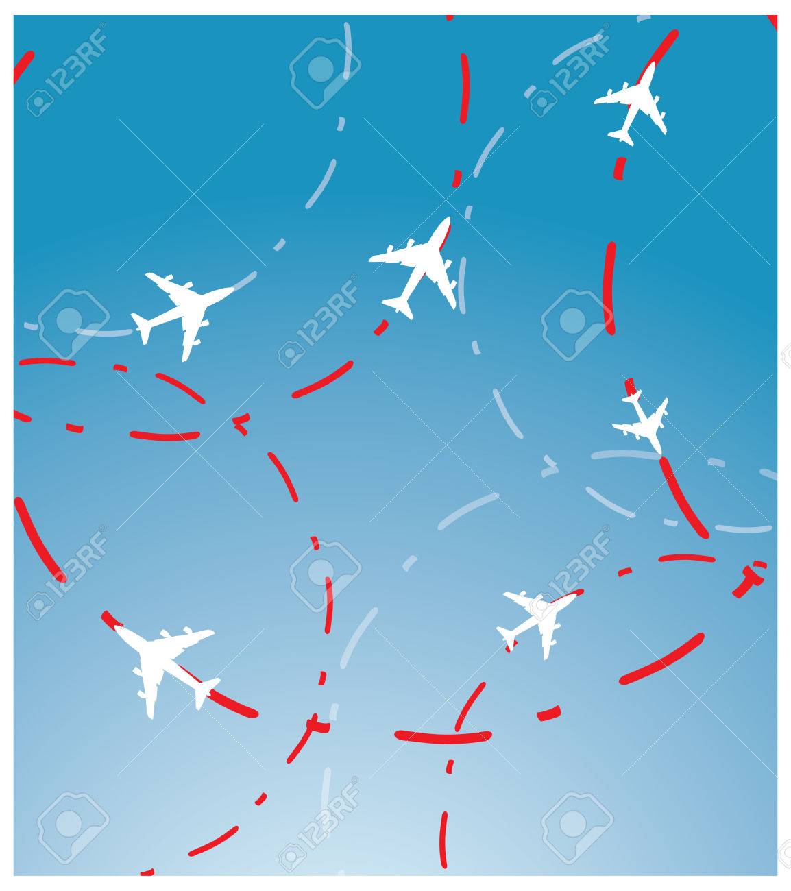 白い飛行機 ルートの赤い線と青い空のイラスト素材 ベクタ Image