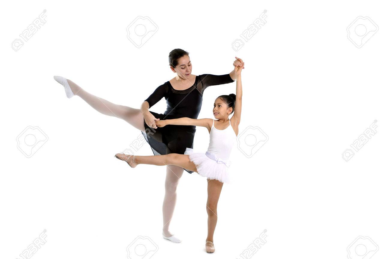 young little girl ballerina learning dance lesson with female