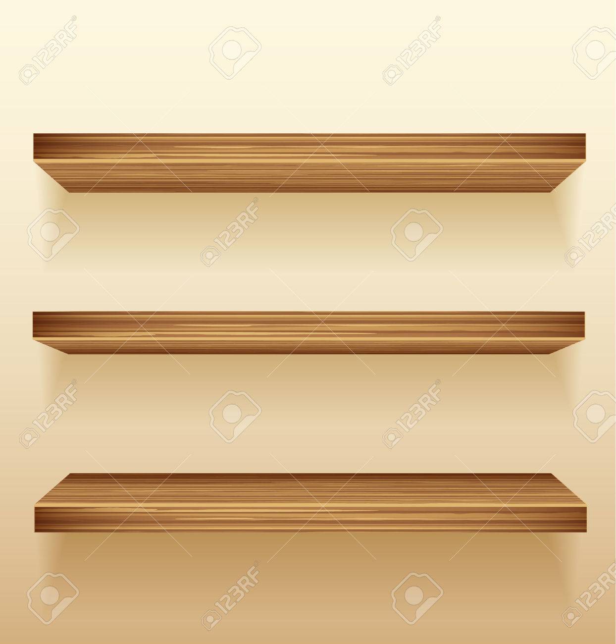 Estantes De Madera Vacíos En La Pared Ilustraciones svg, vectoriales, clip  art vectorizado libre de derechos. Image 27413430